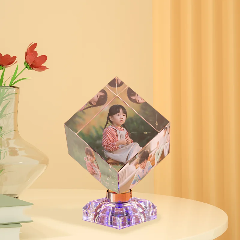 Personal Custom Crystal Crafts Custom Shape High Quality 3d Laser Glass Carve Cube Photo Blank Glass Cube With Rotating Base