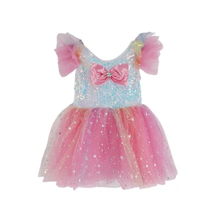 Customizable Girls Sequin Mesh Party Dress Puffy Sleeves Bow Decor Starry Tulle Kids Fashion Outfit