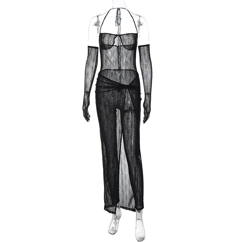 Lagerfe  9948 Haltermesh See Through  Bodysuit Slit Long Skirt Solid Women'S Dresses 2022 Fashion Party Club American Clothing