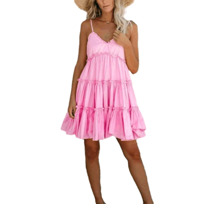 Women Casual Solid Strappy Cotton Ruffle Trim Tiered Babydoll Sweet Loose  Mini Dress