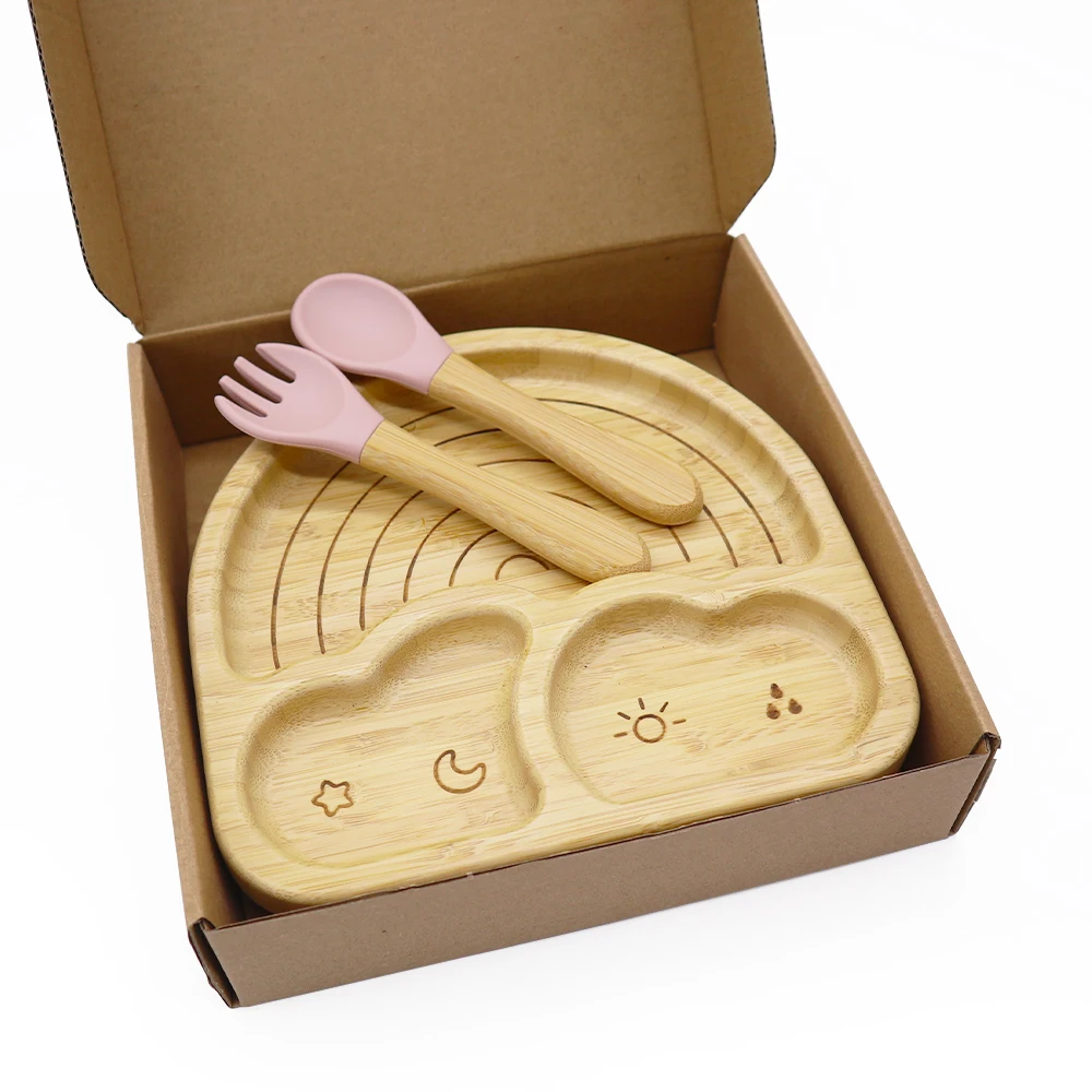 Melikey Custom Baby Tableware Weaning Set Bowl Spoon Kids Animal Suction Plate Baby Bamboo Feeding Set