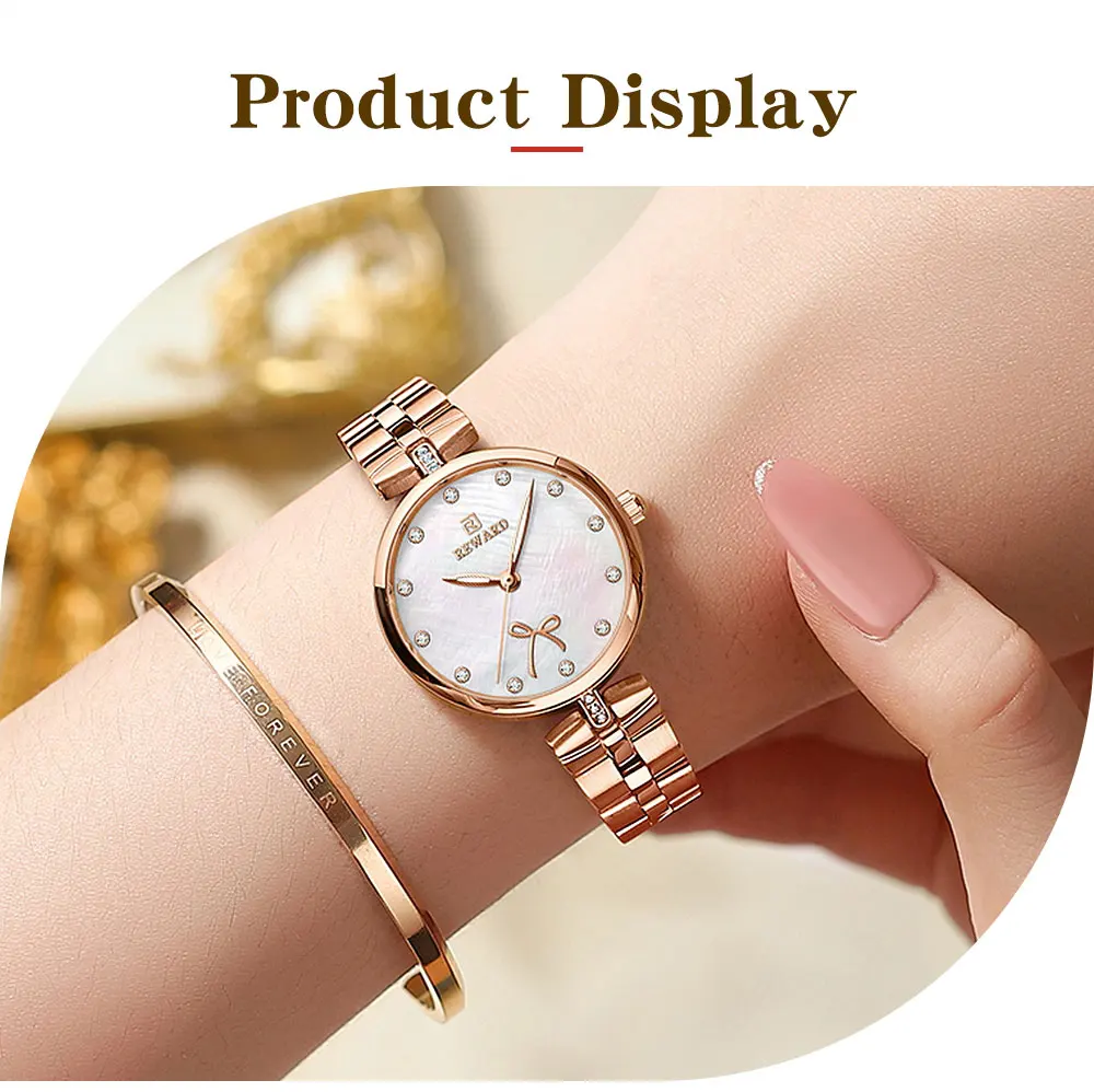 REWARD New Simple Thin Quartz Watches for Women Shell Dial with Rhinestones Clock Female Stainless Steel Band Wristwatch