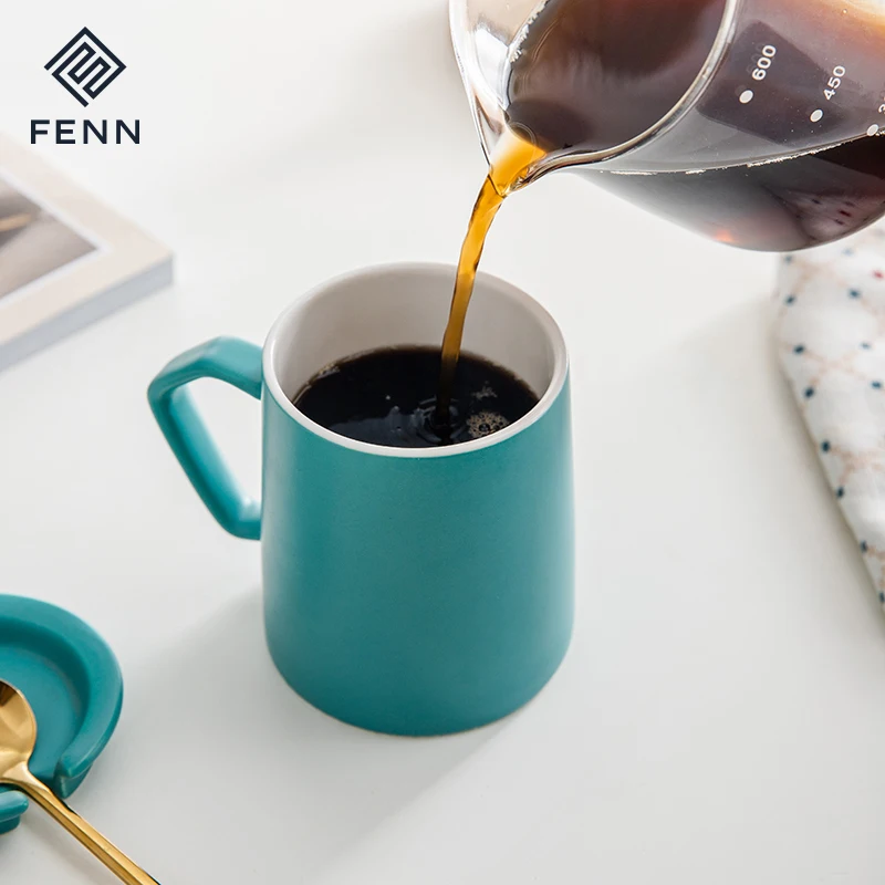 FENN Home Office Used Blue Color Unique Handle Porcelain Mug 350ML Matte Glaze Ceramic Coffee Water Mugs Cups With Lid