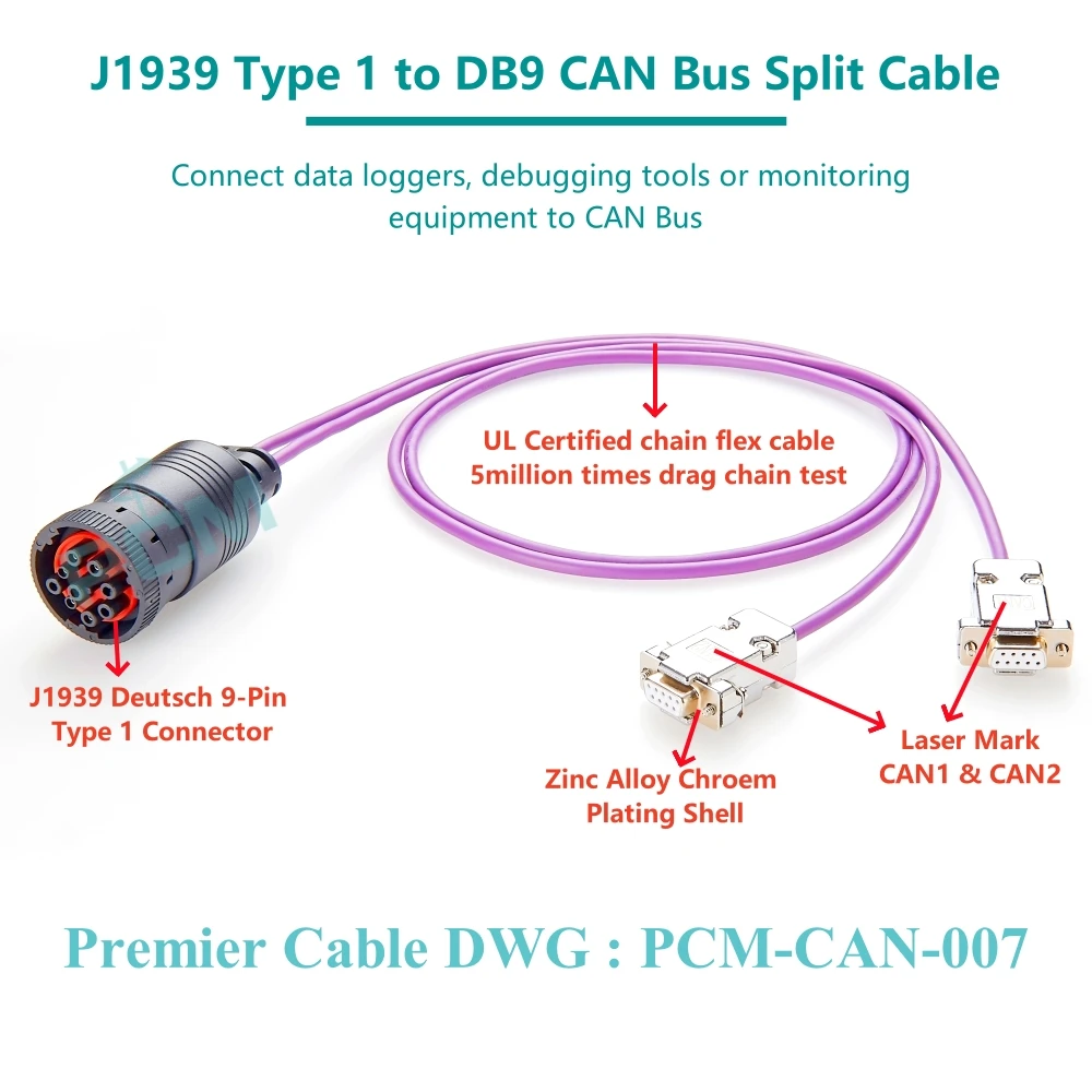 CAN Logger SAE J1939 9 Pin Type 1 Black to Dual DB9 Splitter Y Cable for CANBus Automotive Truck Bus Test Diagnostic