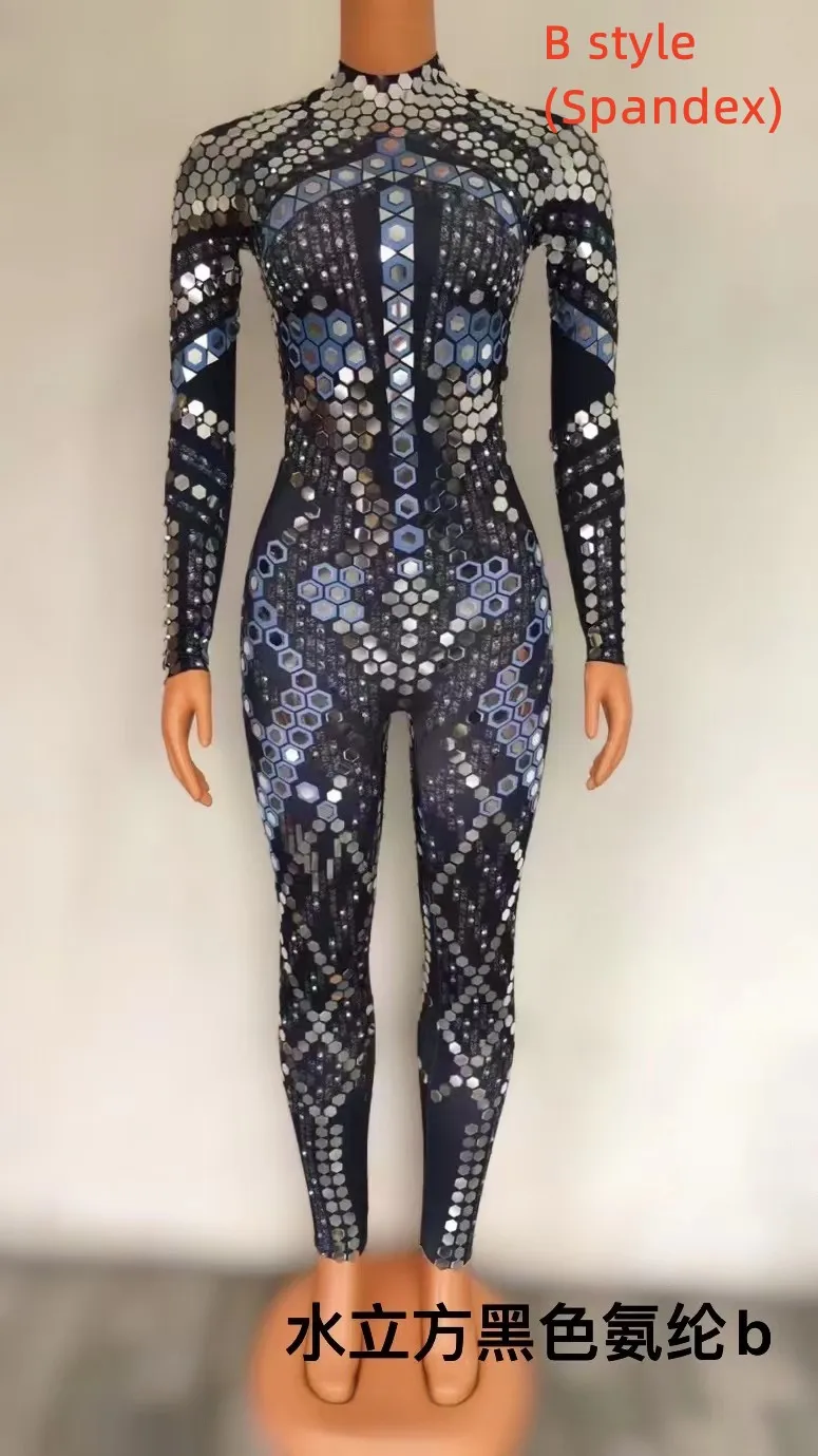 Sparkly Sequined Mesh Bodysuit Plus Size Dance Leotard Stage Performance Wear Women Sexy Club Party Bodycon One Piece Jumpsuit