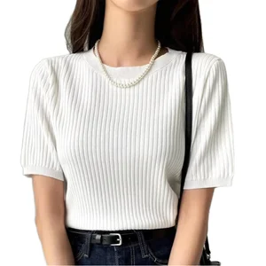 Women's Basic Short-Sleeved O-Neck T-Shirt Slim-Fit Knitwear All-Season Casual Top New for Spring/Summer Solid Pattern Thin