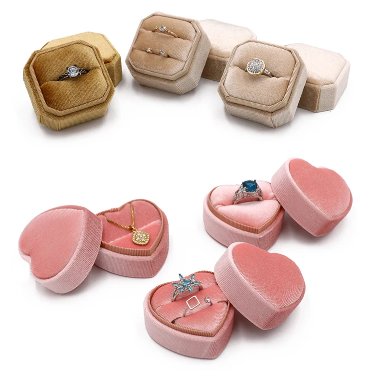 Couple Ring Packaging Box Small Hexagon Heart Engagement Velvet Ring Boxes