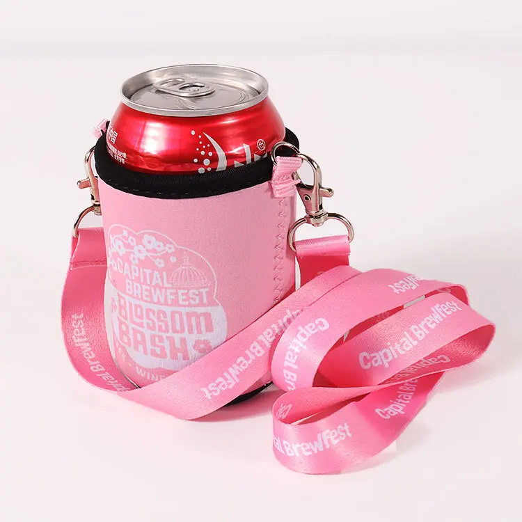 Popular sublimation can cooler bottle neoprene cover for promotion gifts custom neoprene sleeve with fashion lanyard cup holder