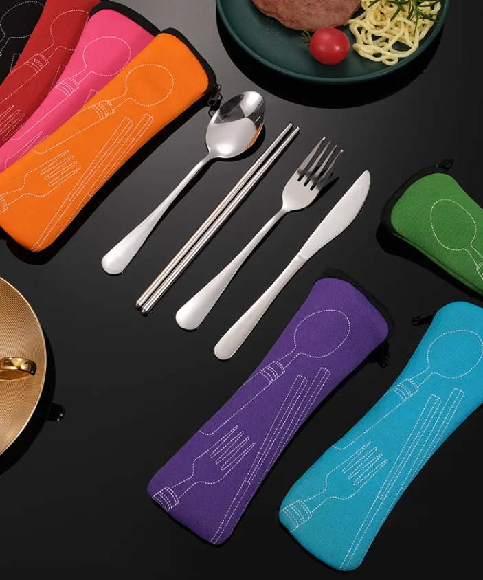 Stainless Steel Flatware Durable  304 Spoon Fork Knife With Cloth Pouch 3pcs or 4pcs Cutlery Set