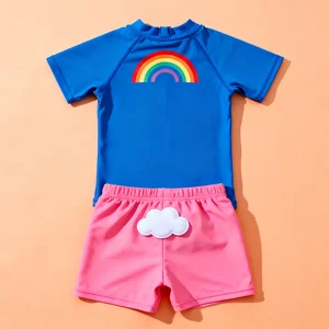Oeko Tex Custom Boys rainbow Print Swimsuit Short Sleeve Two-pieces Fashion Eco Friendly Baby Summer Swimwear