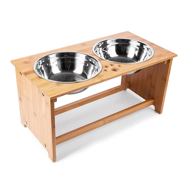 Raised Pet Bowls with Wooden Stand Elevated Bamboo Pet Feeder Includes 2 Stainless Steel Bowls for Cats and Puppy