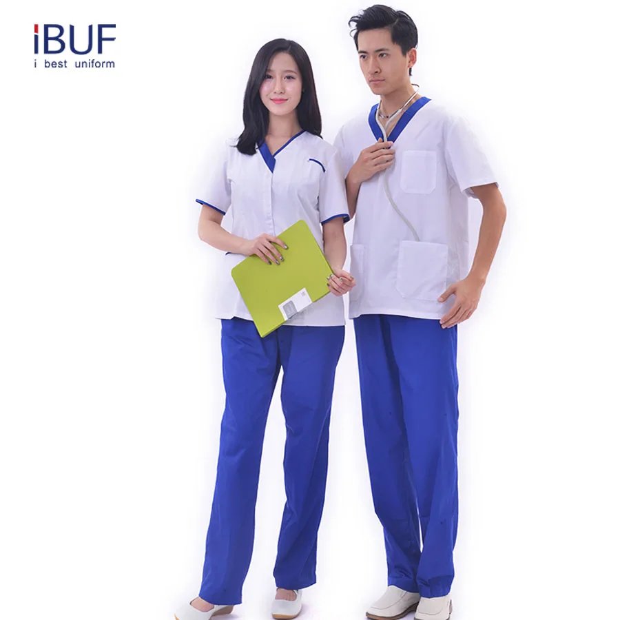 Unisex Woven Scrubs Set Customizable V-Neck Short Sleeve Breathable Comfortable Medical Uniforms Hospital Doctors Nurses