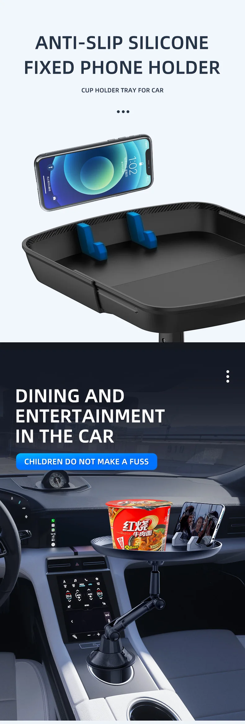 Car Mounted Cup Holder Tray 360 Degree Rotating Food Tray Adjustable