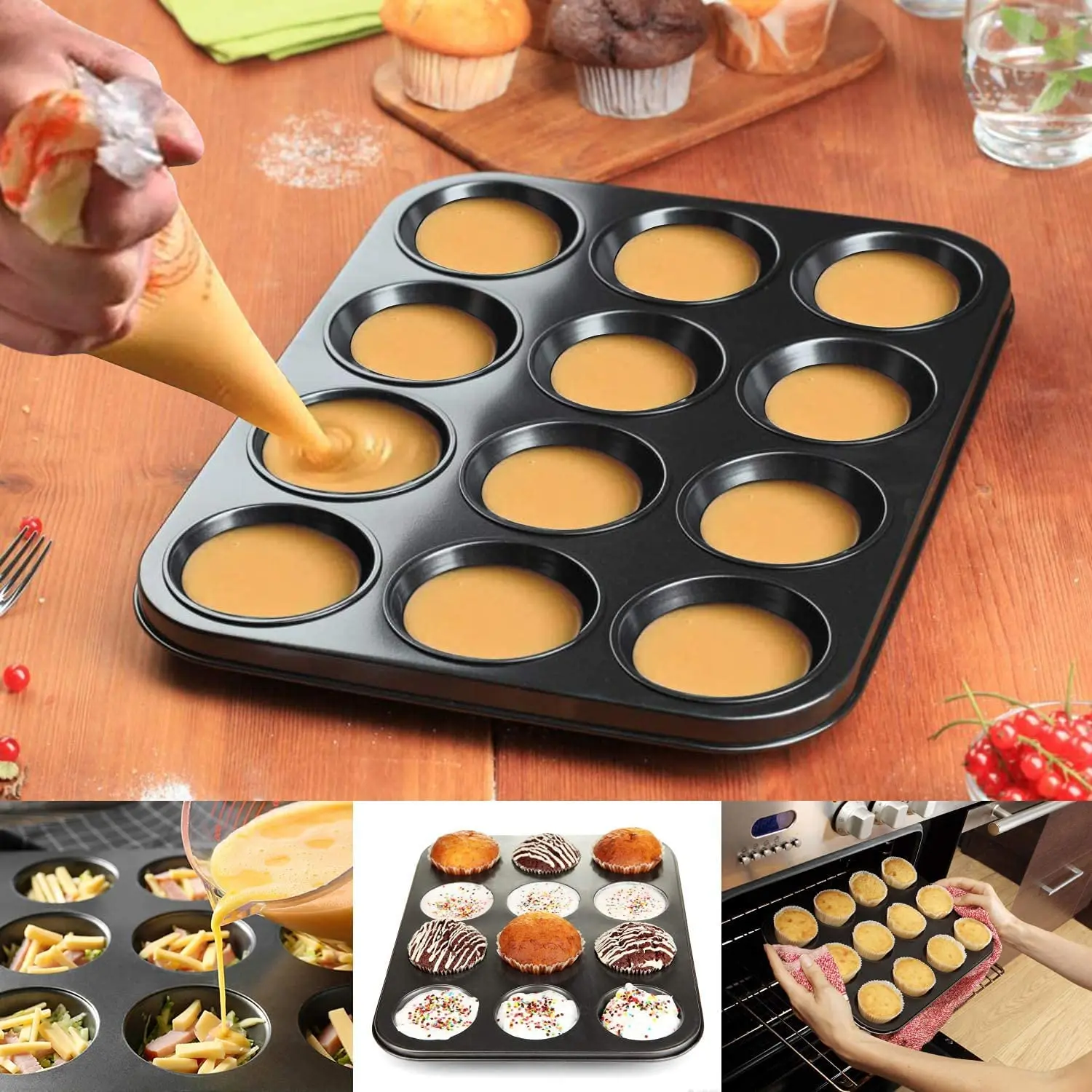 Set Da 2 Stampi Per Muffin In Acciaio Al Carbonio Antiaderente Con 12 Pirottini In Silicone Riutilizzabili, 26,5x18,5 Cm, Forno 6 Muffin, Nero
