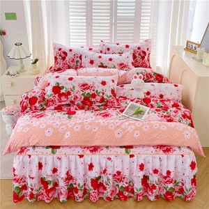 Floral Bed Cover Bedspread Rose Customized 4 Pieces Bed Skirt Sheet Set Bedsheets Sets