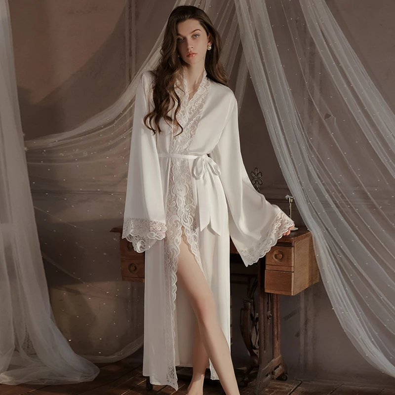 Plus-Size XL Summer Ice Silk Lace-Up Robe Long Patchwork Lace Women Sexy Satin Nightgown Pajamas Lingerie Adults