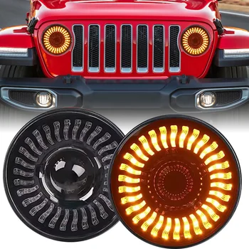 White amber Hi Lo Beam LED turn signal light 7-inch Round 12v angel front headlight for Jeep motorcycle off-road 4x4 SUV JK JL