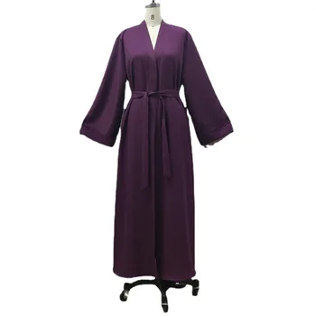 Abayah For Women Dubai Chic Solid Full Sleeve V-Neck Belted Clothing Elegant Casual Moroccan Long Dress