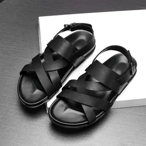 New Fashion Vintage Men Shoes Cow Leather Soft Breathable Casual Flats Summer Beach Sandals Slippers Flip Flop Black