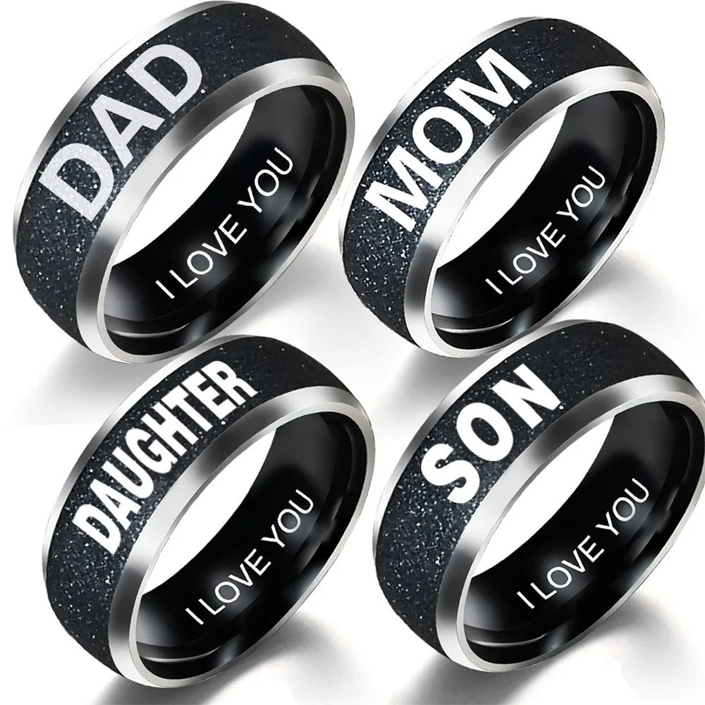 Go Party Mother's Day and Fathers Day Gift Matte Stainless Steel Jewelry Engrave Letters DAD MOM SON DAUGHTER Family Rings