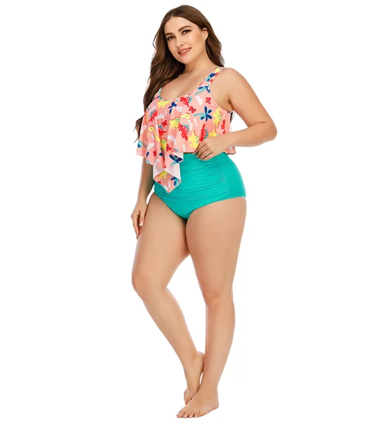 Custom Plus Size  Ruffle Animal Printed Swim Top Green Bottom Ladies Swimwear Sexy Beach Bikini