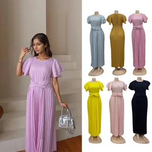 Wholesale Women's Casual Summer Pleated Round Neck Natural Waist Line Belt Decoration Dress