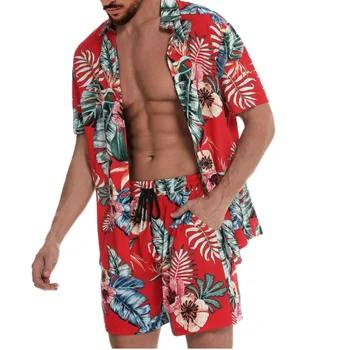 Men's Fashion Printed Suit Lapel Short Sleeve Casual Shirt Beach Shorts 2 Piece Summer Vacation Hawaii Suit Casual Shirt