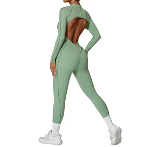 Women's Half-Zip Yoga Onesie Long Sleeve Backless Tight Fitted Gym Workout Jumpsuit Casual Activewear