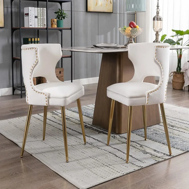 Beige Velvet Upholstered Dining Chairs with Gold Metal Legs