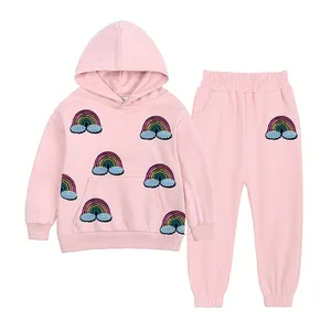 New Autumn Cotton Baby Girls Rainbow Patch Hoodie Jogger Pant Cute Girl Clothing Set for 2-14 Years