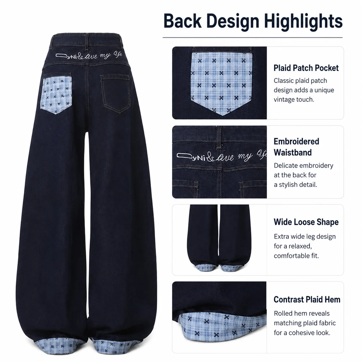 Design Bowknot Plaid Patchwork Denim Jeans for Women Spring Season Plus Size Loose Wide-leg Pants