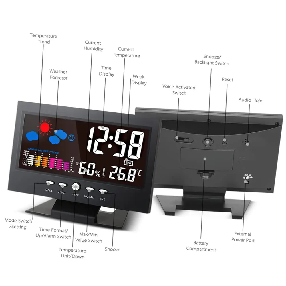 LCD Digital Clock Voice-Activated Perpetual Calendar Alarm Clock With Time/Date/ Week/Temperature Display