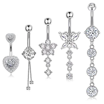 Butterfly Welded Chain Belly Button Ring Set 5pcs Shiny Zircon Inlay Stainless Steel Navel Ring Piercing for Women for Weddings