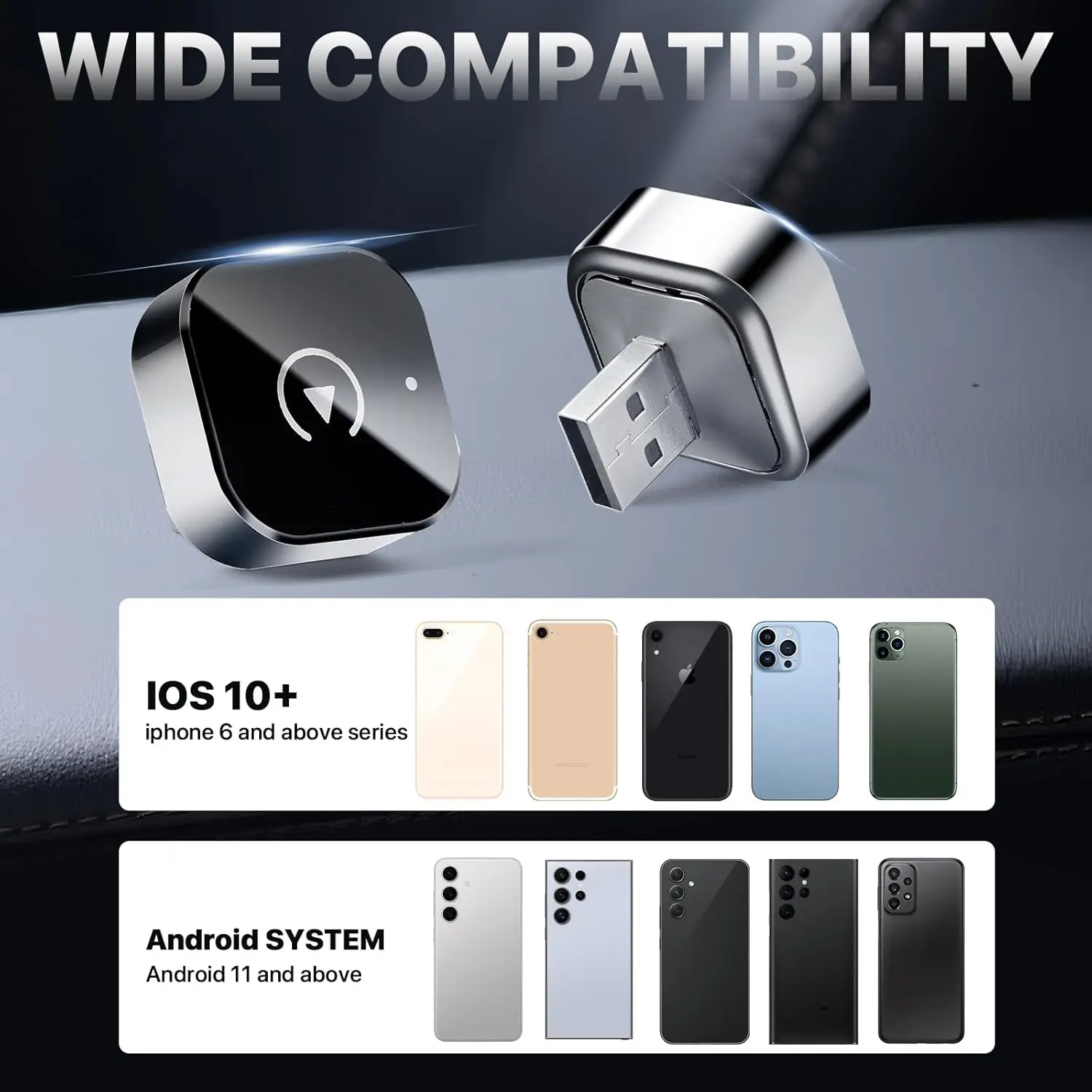 Mini Android Auto & CarPlay Wireless Adapter-2-in-1 USB Type-C Dongle with Fast Connection Universal Fit