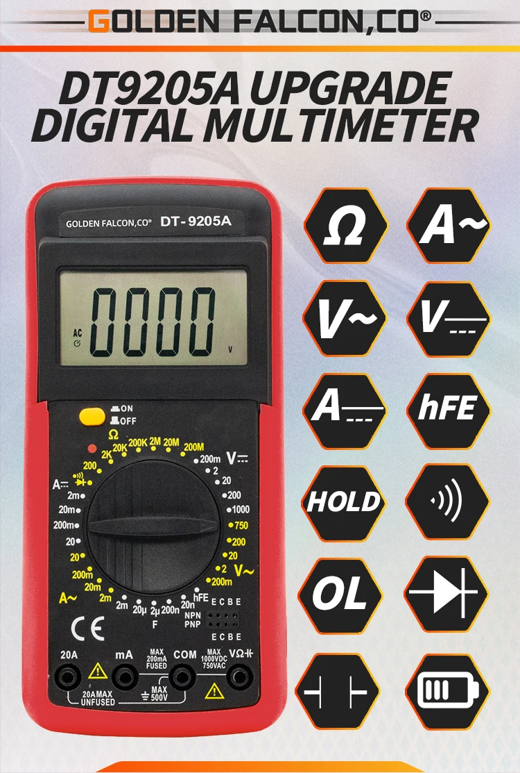 Dt9205 Digital Multimeter Ac Dc Ammeter Volt Ohm Tester Meter Multimetro Lcd Display Multimeter