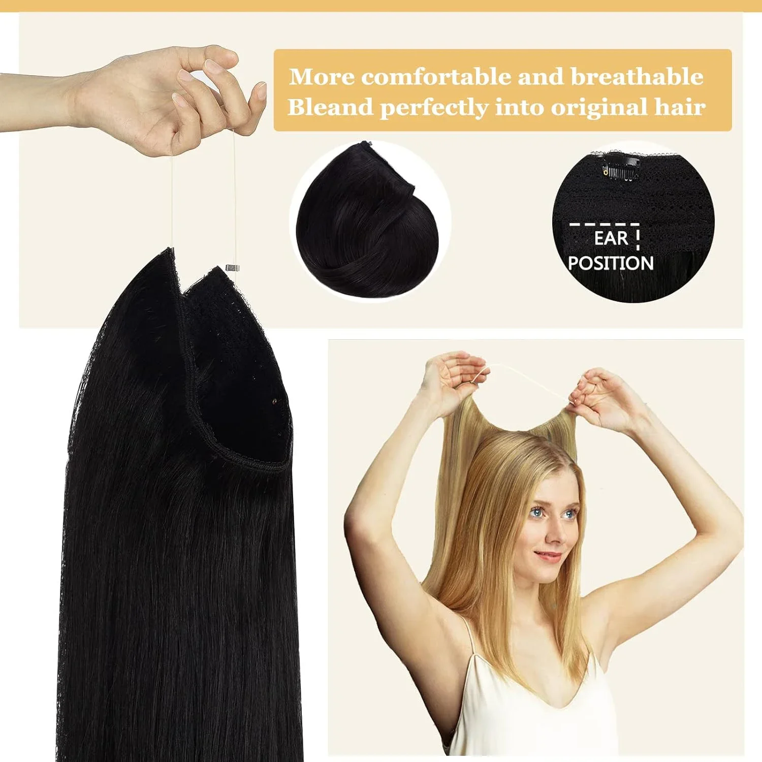 Haarverlängerung mit glattem Draht, Fischschnur, zum Anklipsen, Echthaar, Naturschwarz, 40,6–66 cm, 120 g, Damen_voghion.com