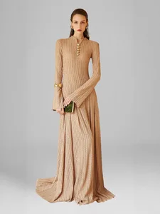 New Design Women's Autumn Winter Dress Round Neck Long Sleeve Camel Long Dress