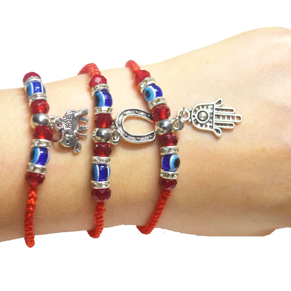 Red Knotted Kabbalah Bracelet with Beads and Small Hamsa