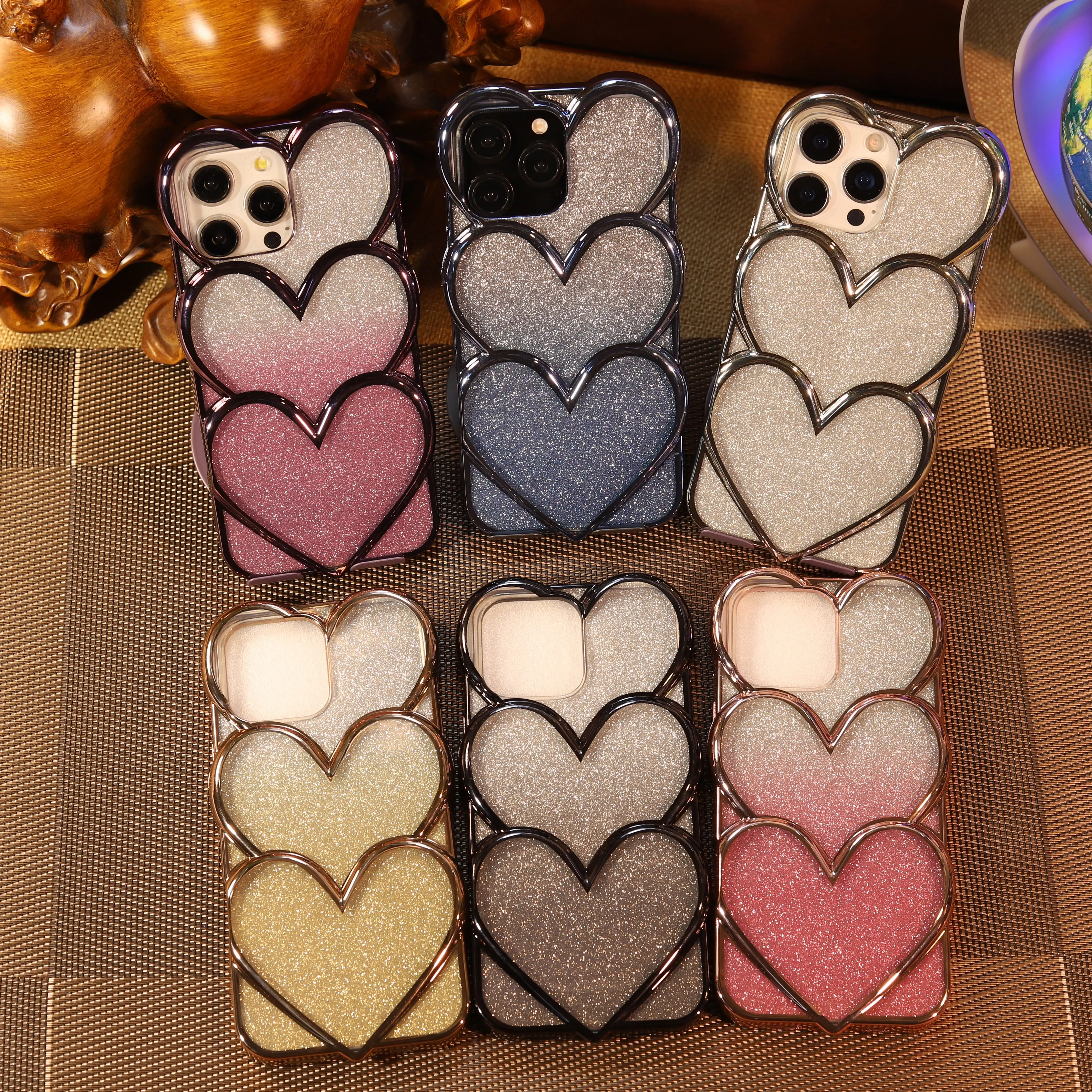 Trending 3D Love Heart Luxury Glitter Hard PC Phone Case for iPhone 16 15  14 13 12 Pro Max 11-Electroplate Special Phone Covers