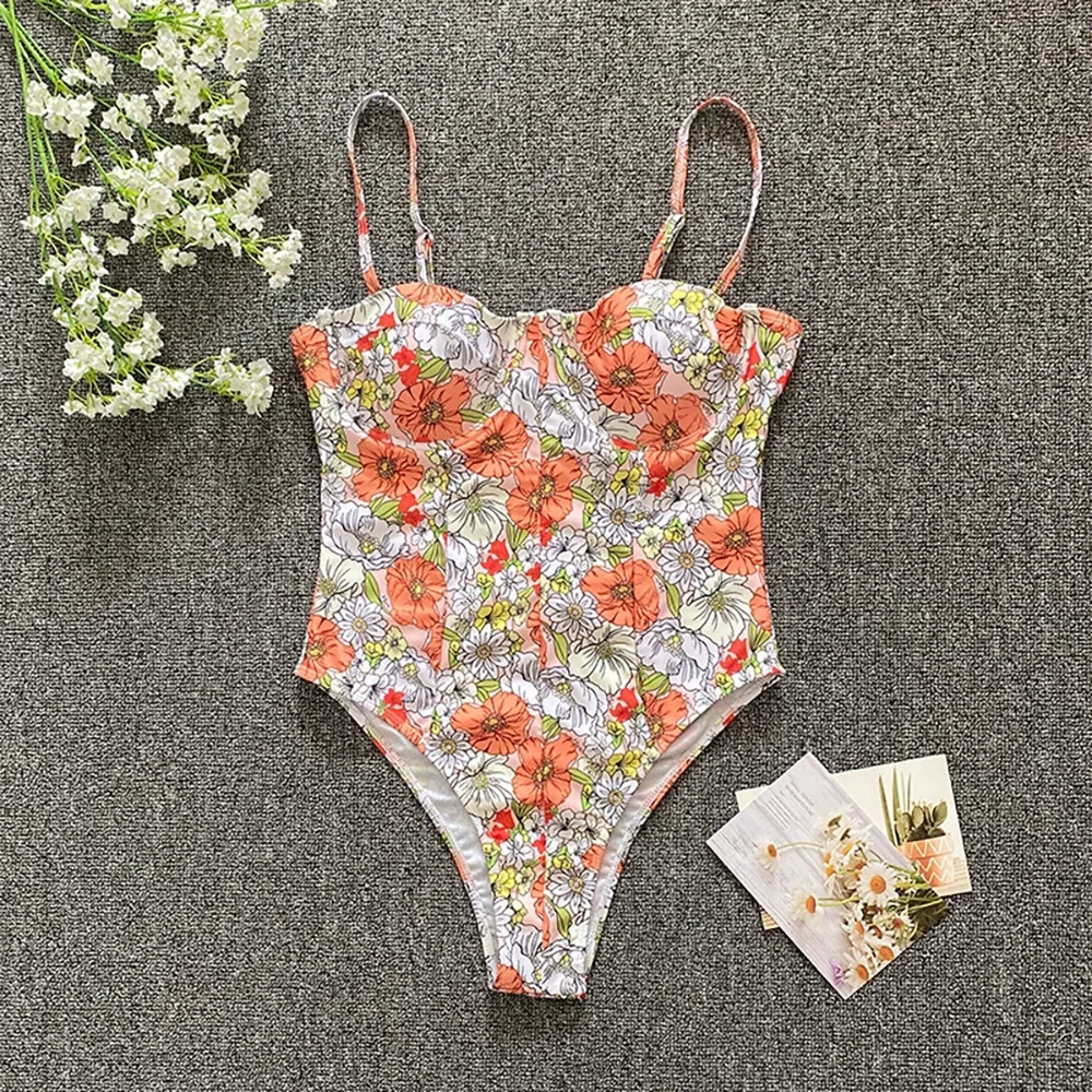 DAMOCHIC New Design Bathing Suits for Women One Piece Swimsuits Floral Print Plaid Push Up Backless Thong Swimwear for Women