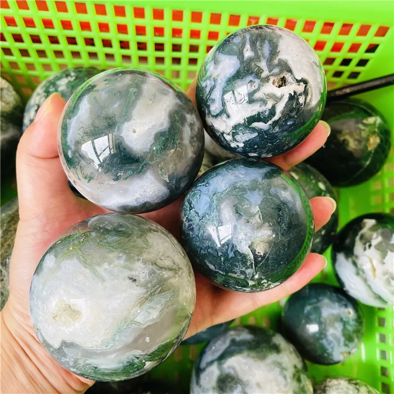 High Quality Natural Green Moss Agate Crystal Sphere With Druzy Geode for Healing