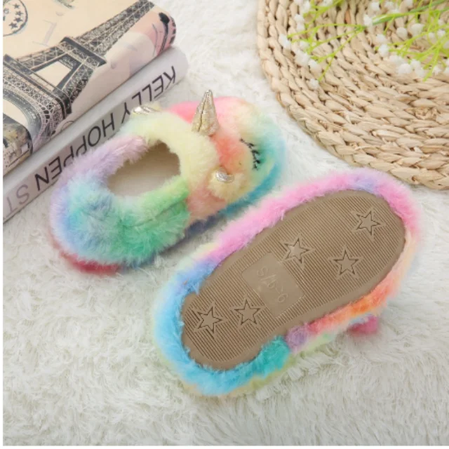 Тапочки детские зимние с единорогом хлопок симпатичная домашняя обувь для спальни маленьких девочек и мальчиков Прямая поставка