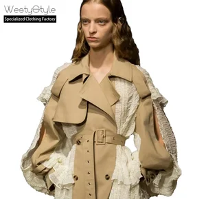 Women's Casual Single Breasted Cotton Trench Coat Advanced Lace Stitching Slim Short Suit Advanced Waist Design Formal for