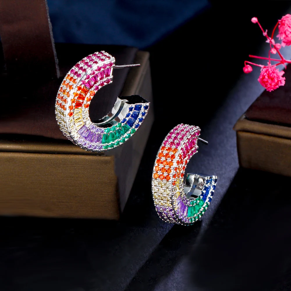 Luxury Dainty Half Round C Shape Multicolor Rainbow CZ Women Hoop Earrings  18k Gold Plated Heavy Cubic Zirconia Party Jewelry
