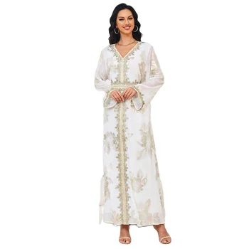 2024 Hot Selling New Islamic Muslim Fashion Style Dubai Gown Women's Middle Eastern Arab Hot Stamped Embroidered Lace Dress