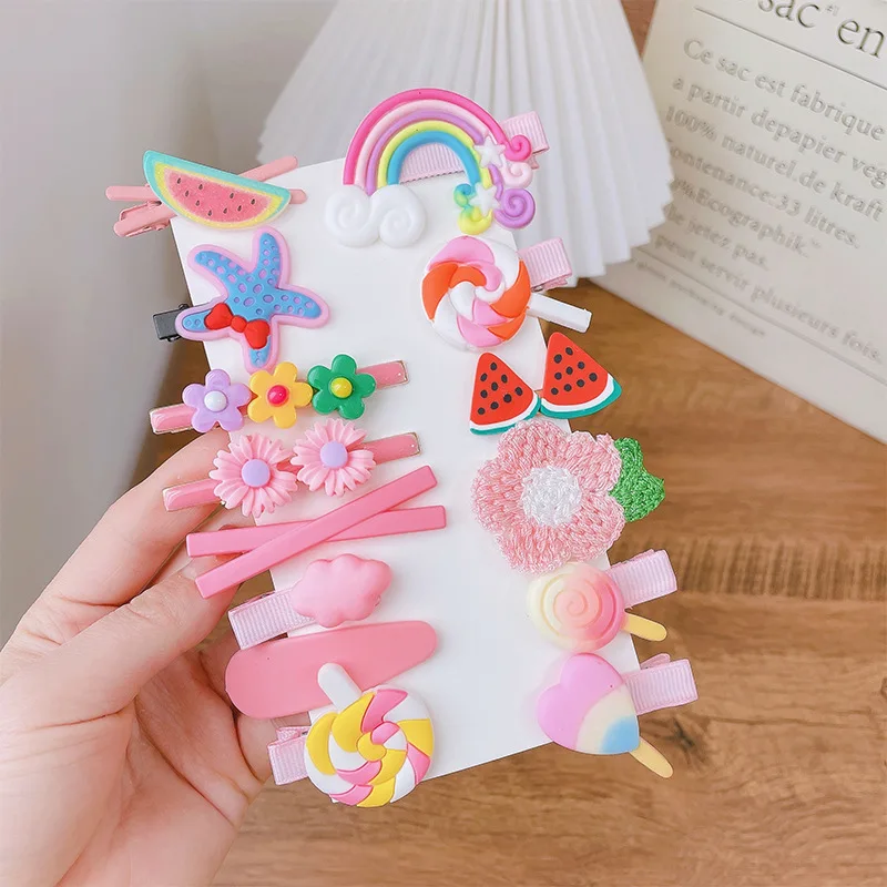 New Design 14Pcs/Set Cartoon Candy Color Cute Hair Barrette Rainbow Cloud Lollipop Clip Pin Accessories Set for Kids Girls