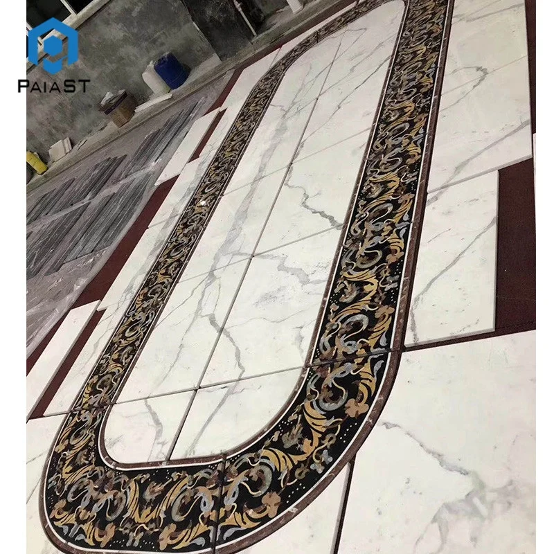 モダンデザインのカラカッタ白黒大理石製ウォータージェット・メダリオン模様ロビーフローリングタイル（インテリア装飾用）