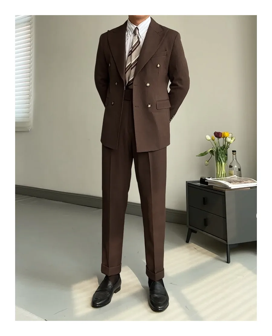 High-End Men's Black Double-Breasted Suit Lapel Collar Worsted Button Fly Button Zipper Pure Color for Business Wedding Banquet