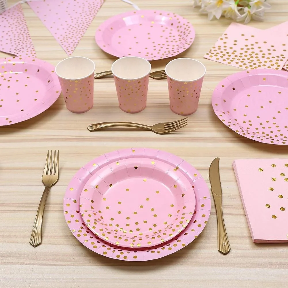 pink paper plates and napkins