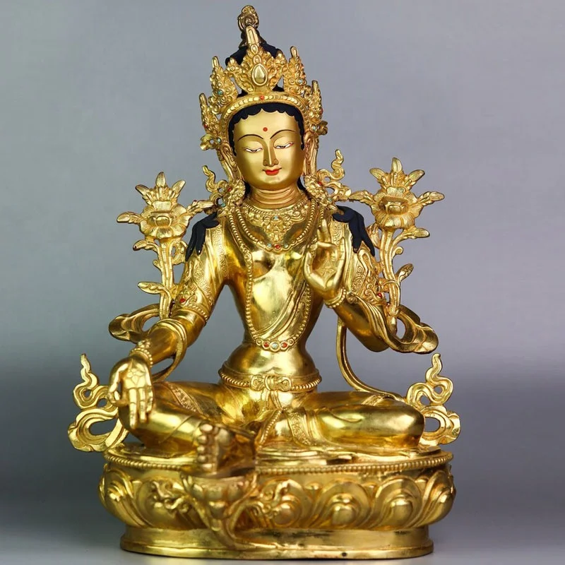 金運！心願成就！厄払い！チベット製　祈祷済み　魂入り緑ダーラ菩薩　黄銅製 チベット仏教 緑ターラ菩薩 銅像 金めっき 真鍮製仏像 彫刻 家の装飾用